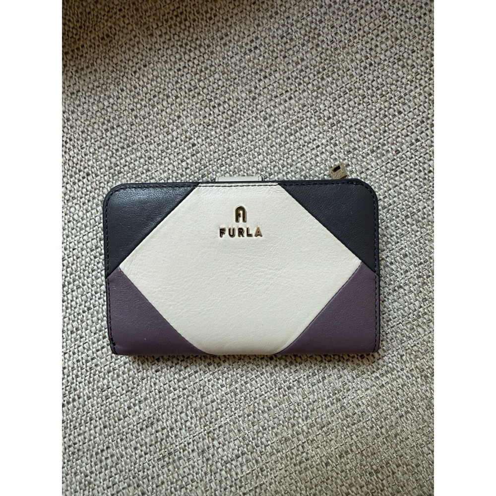 Furla Purple Cream Leather Compact Snap Zipper Close Wallet